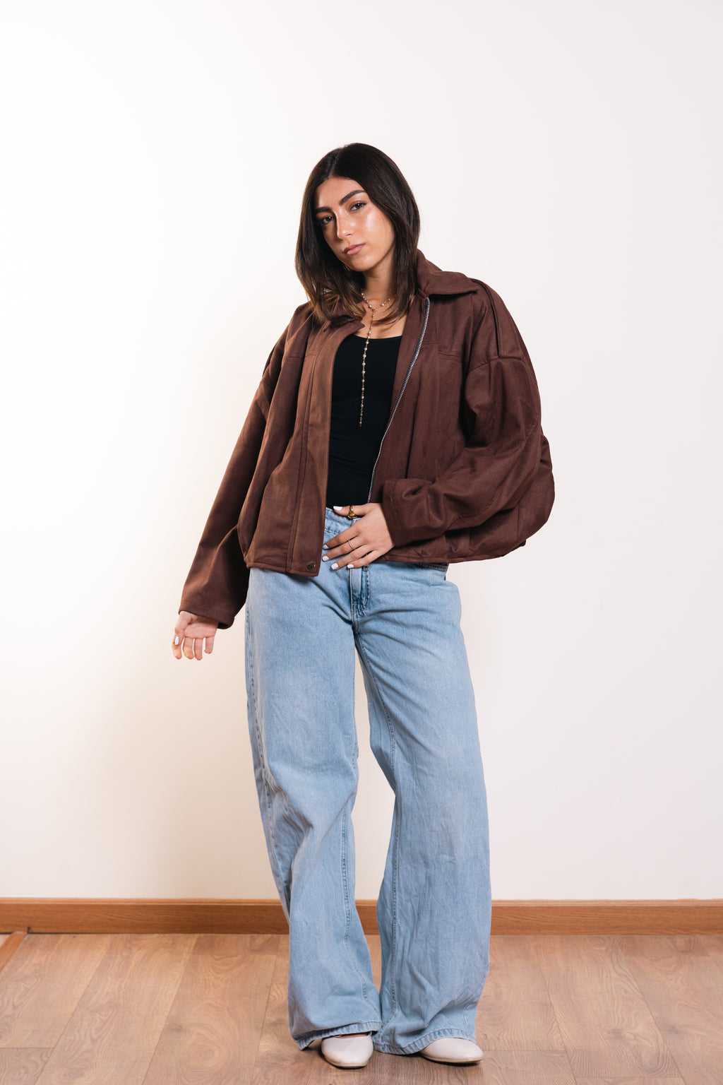 Suede Zip Jacket in Brown