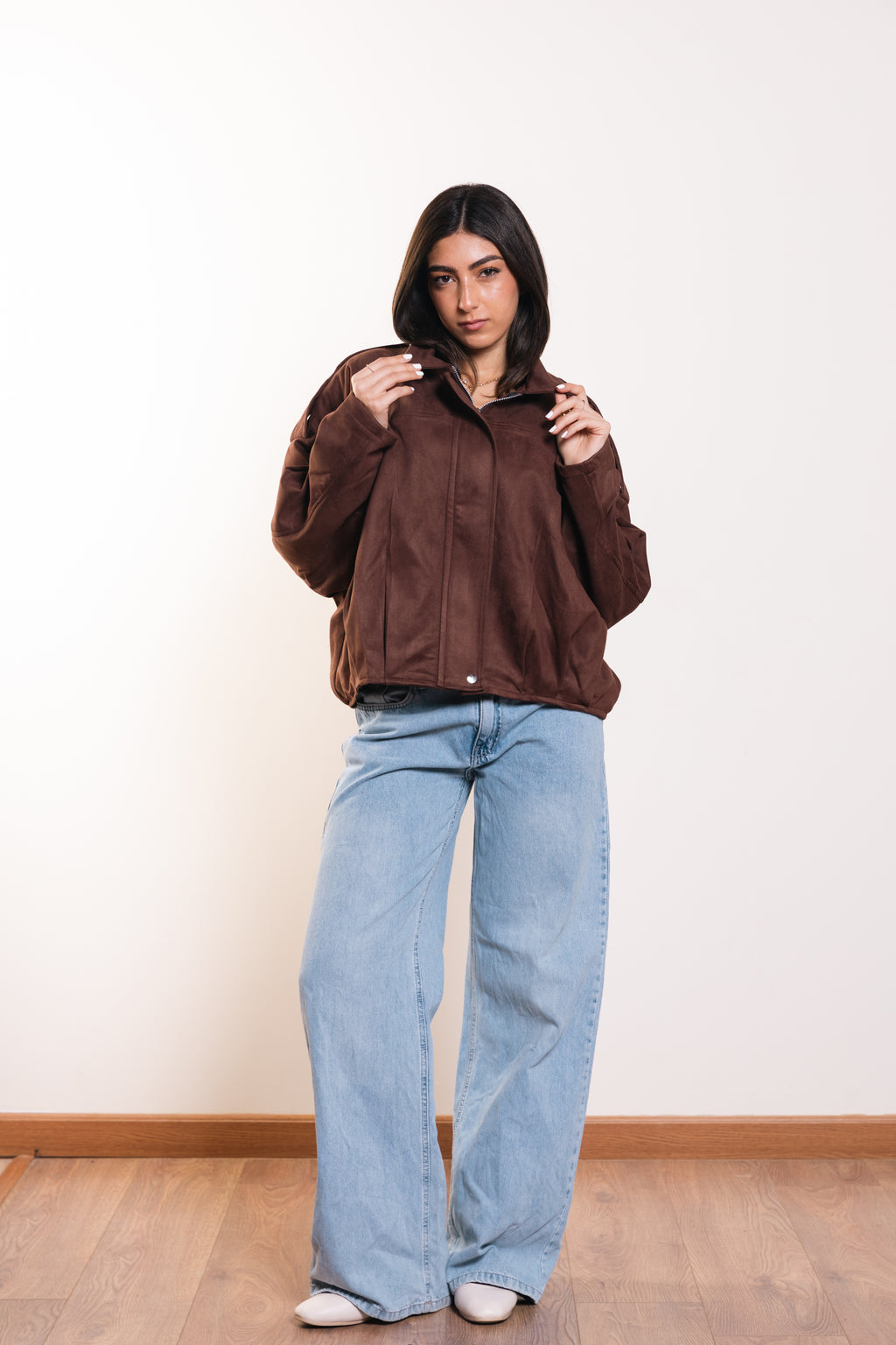 Suede Zip Jacket in Brown