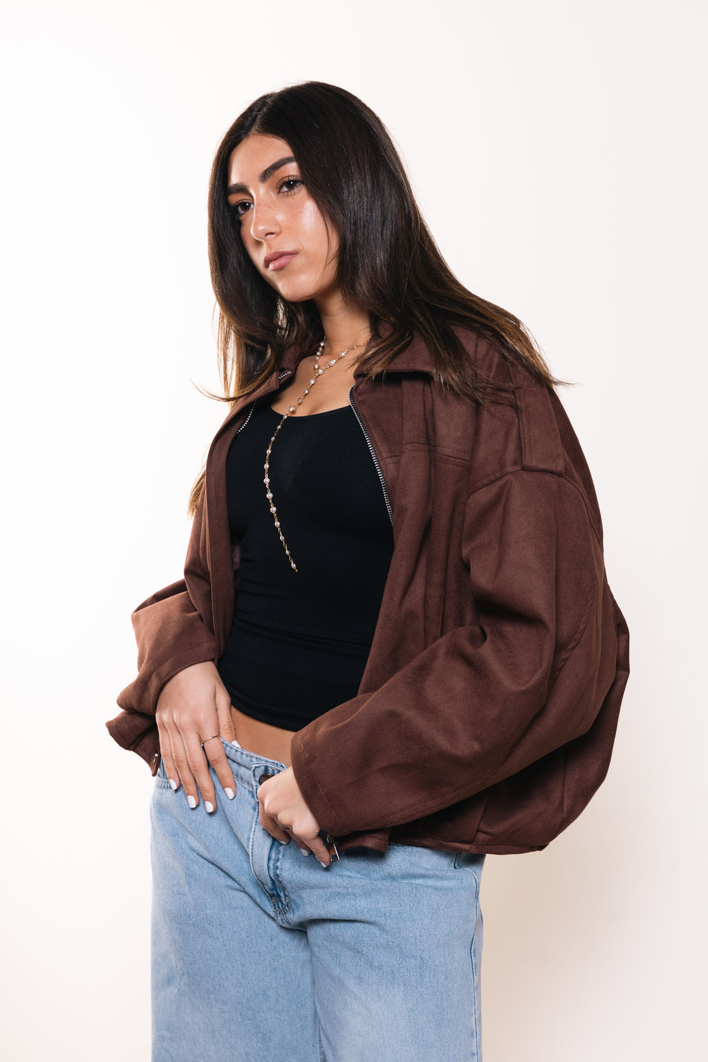 Suede Zip Jacket in Brown