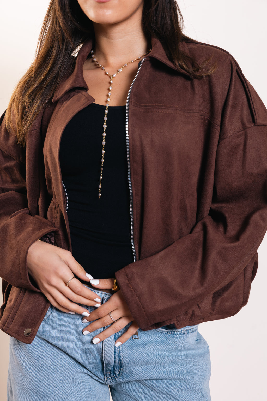 Suede Zip Jacket in Brown