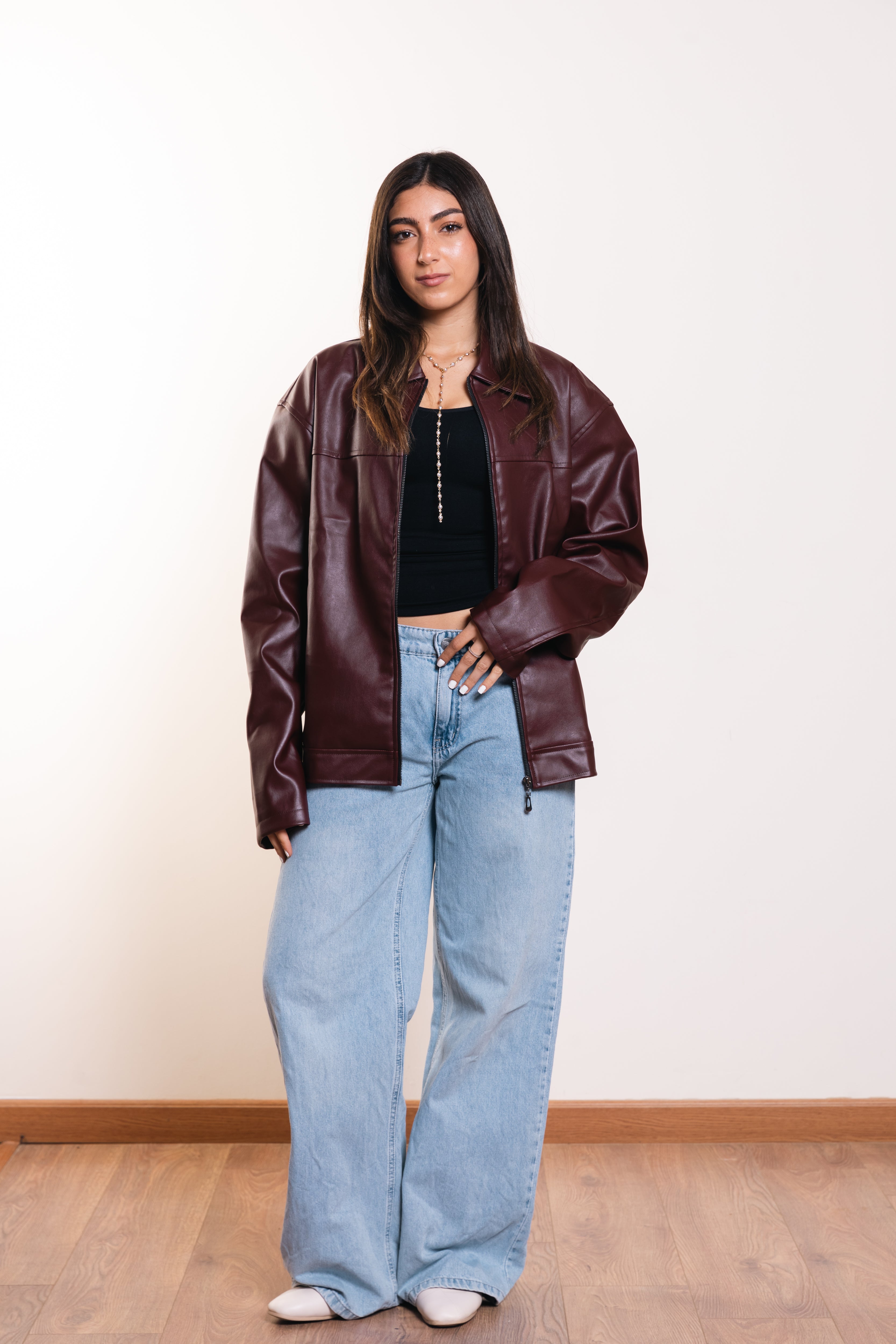 Leather Zip Jacket in Burgundy