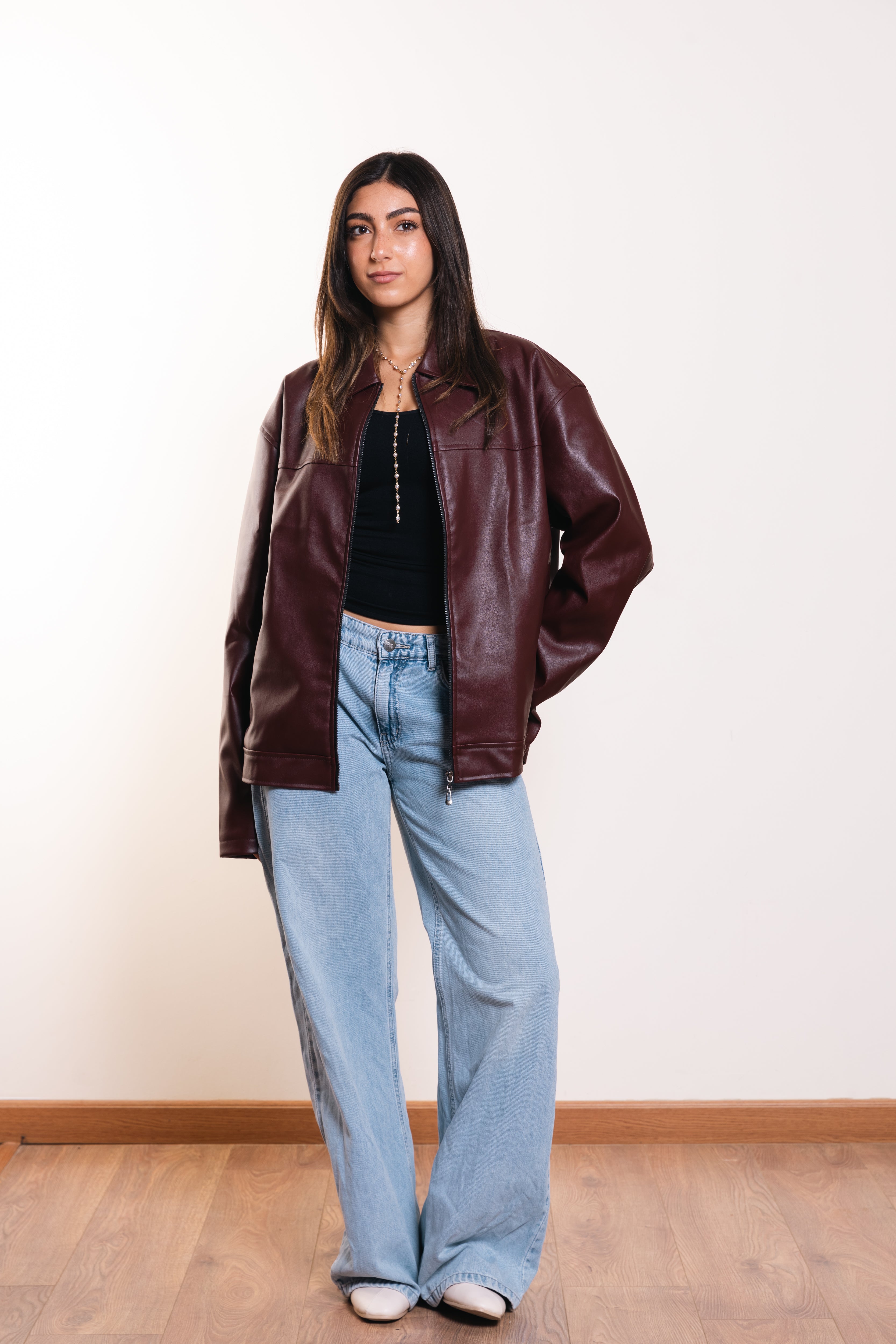 Leather Zip Jacket in Burgundy