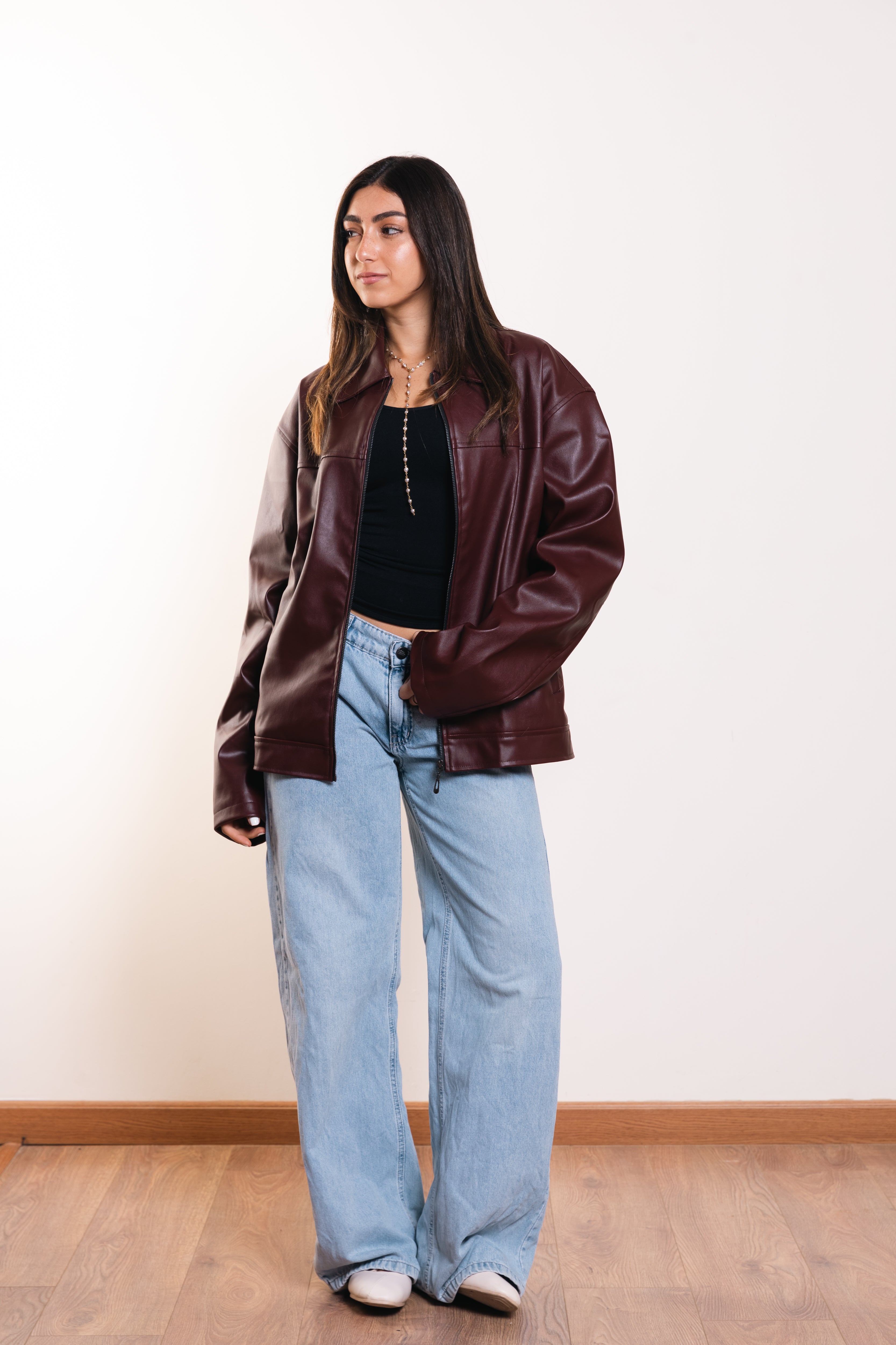 Leather Zip Jacket in Burgundy