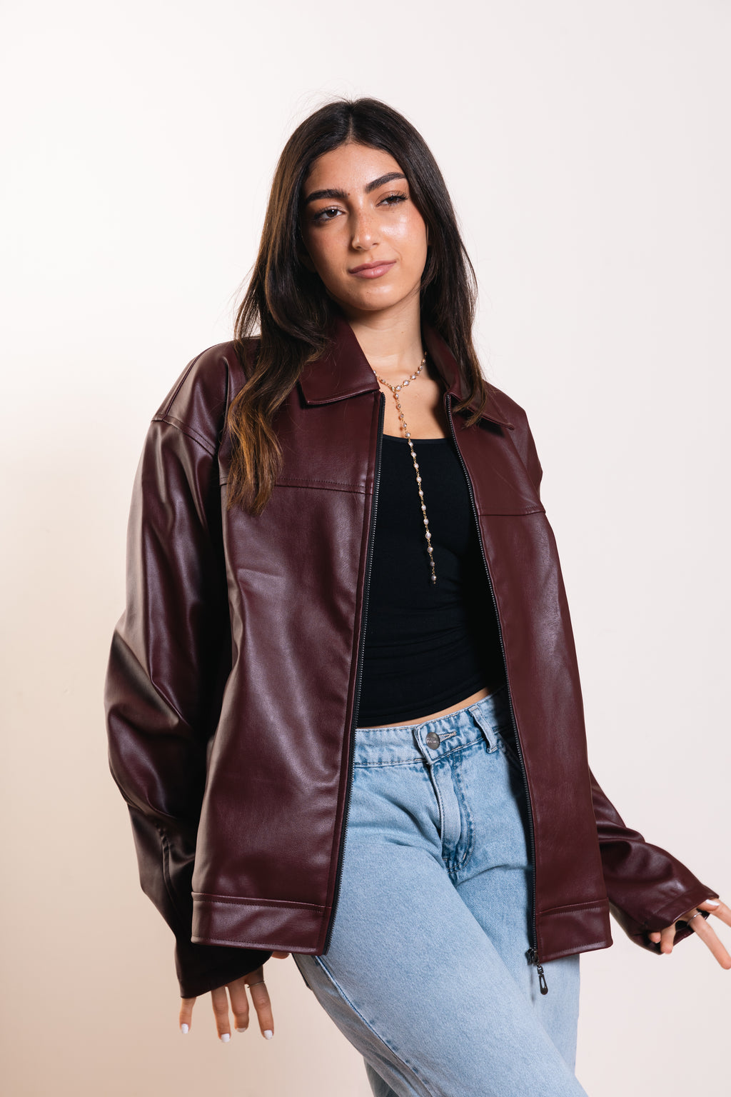 Leather Zip Jacket in Burgundy