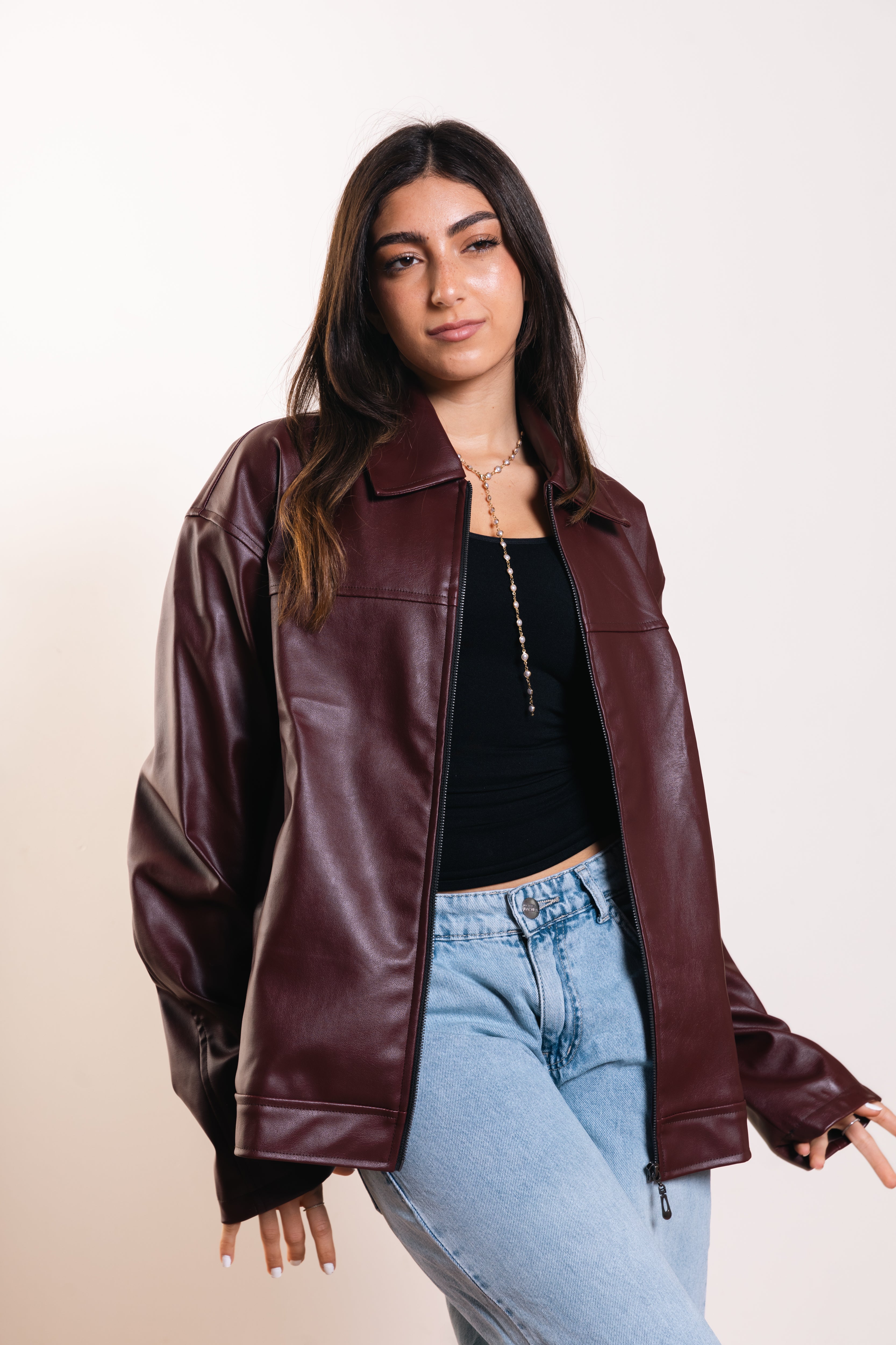 Leather Zip Jacket in Burgundy
