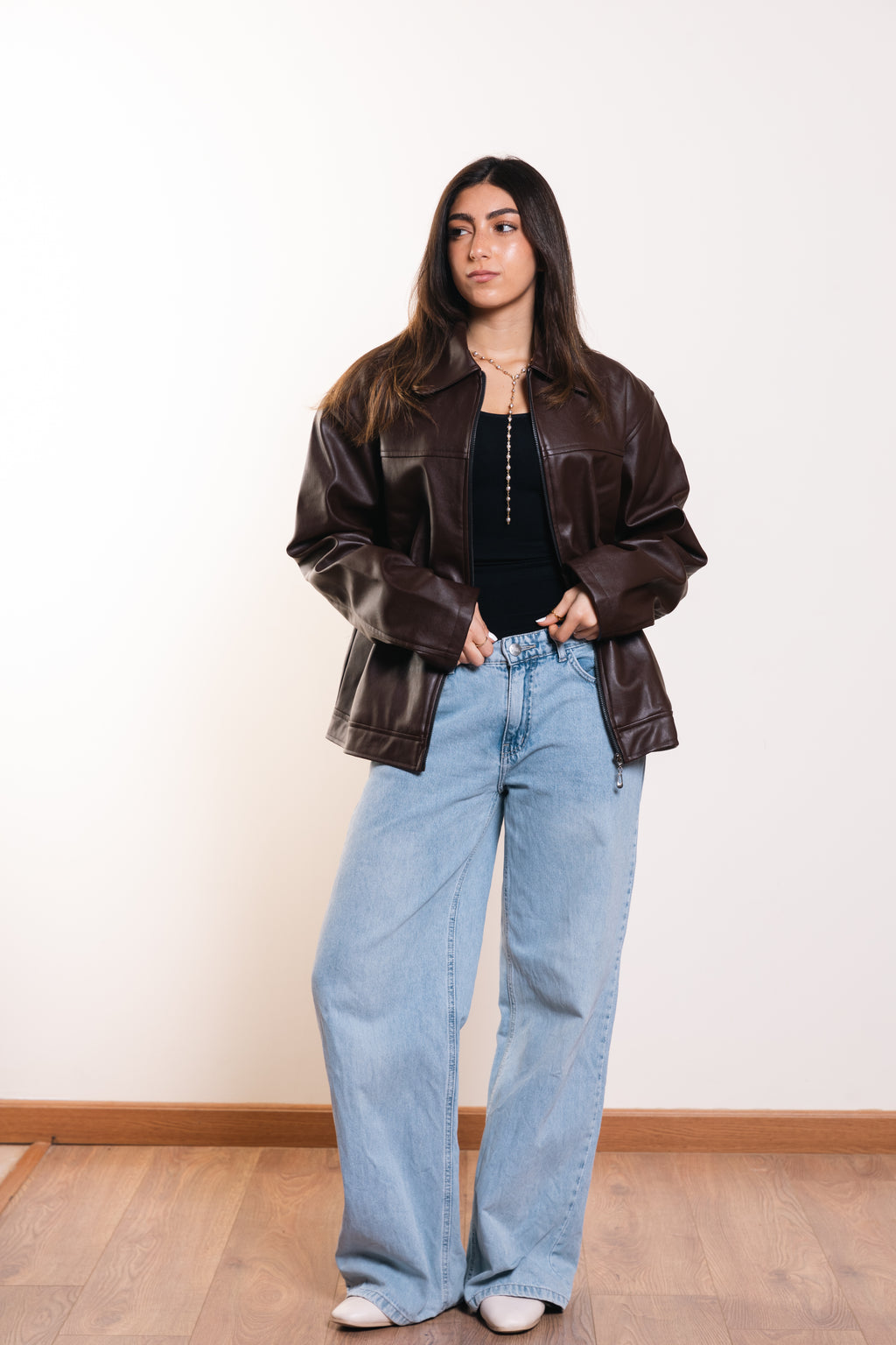 Leather Zip Jacket in Brown