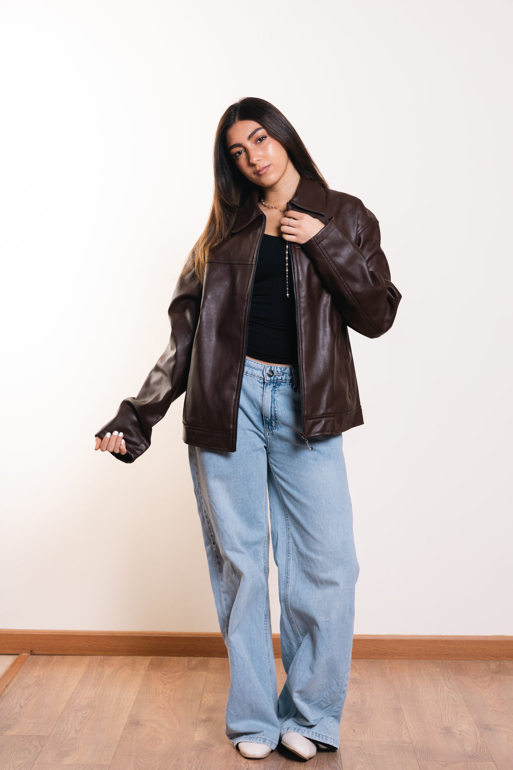 Leather Zip Jacket in Brown