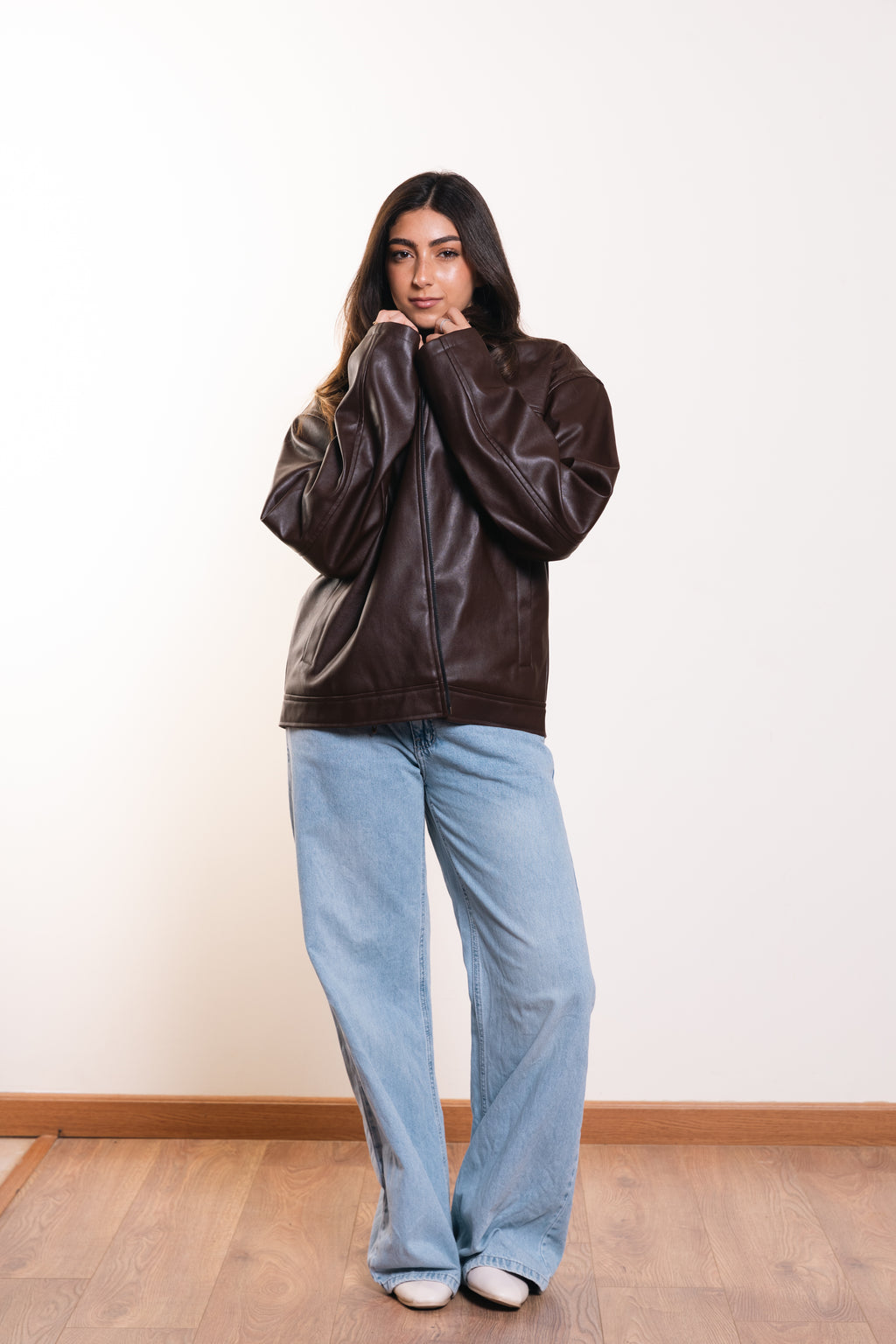 Leather Zip Jacket in Brown