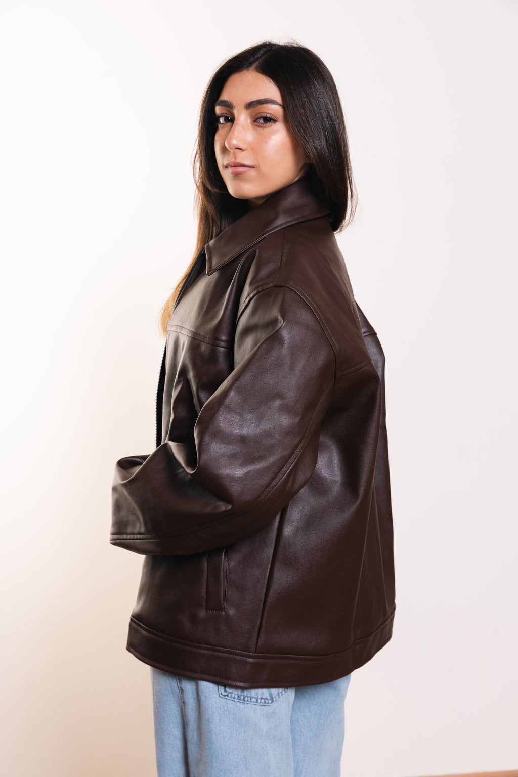 Leather Zip Jacket in Brown