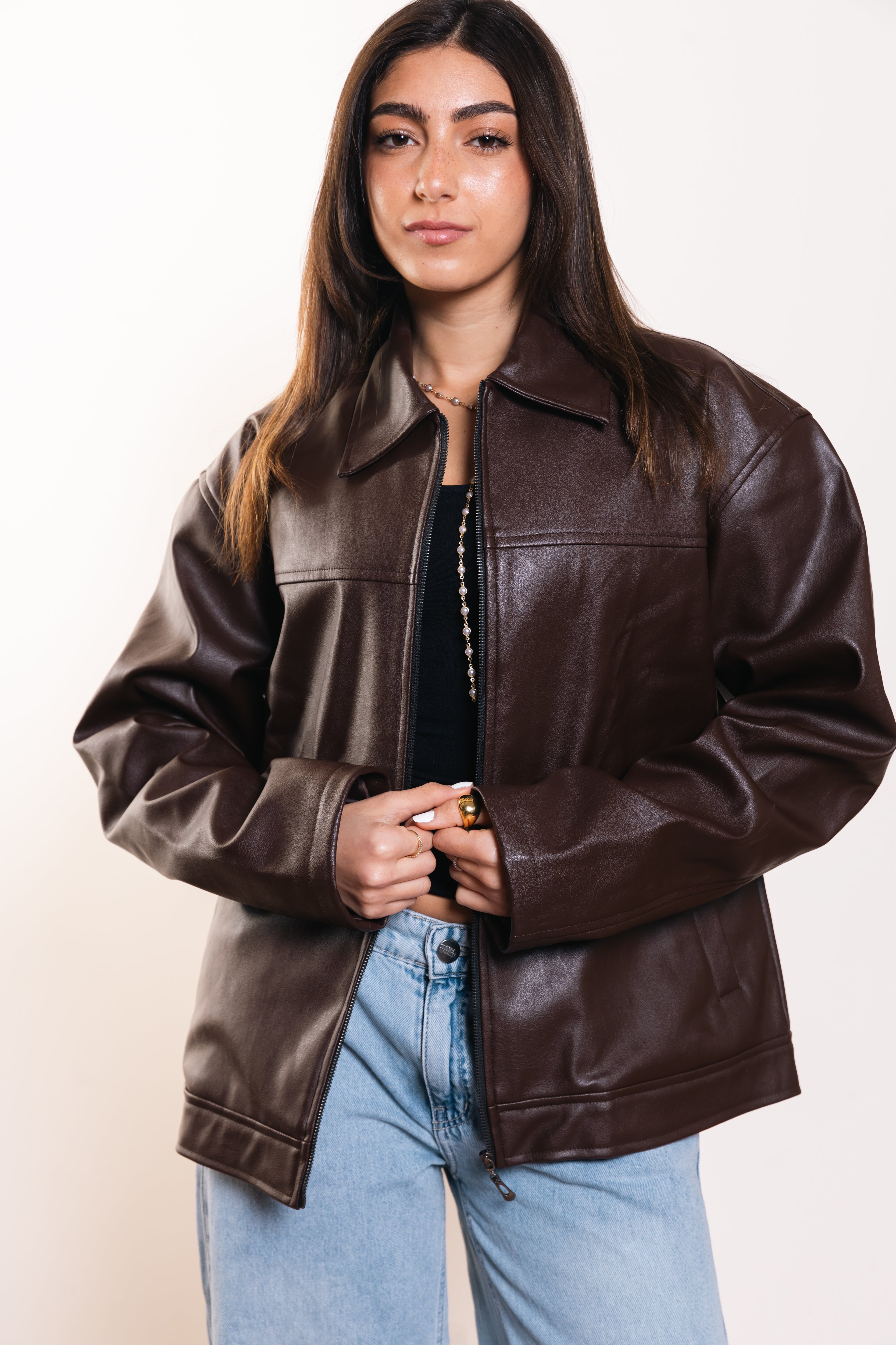 Leather Zip Jacket in Brown